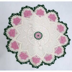Vintage Handmade Crochet Doily 16" Pink Flowers Green Ivory Floral Lace